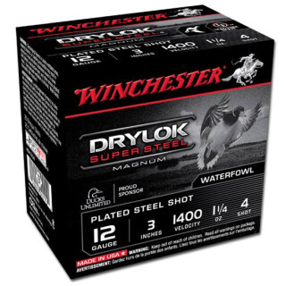 Winchester Drylok Super Steel 12 Gauge Ammunition 25 Round Box 3" #4 Plated Steel Shot 1-1/4 oz 1400 fps