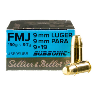 Sellier & Bellot 9mm Luger Ammunition 1000 Rounds FMJ 150 Grain Subsonic 