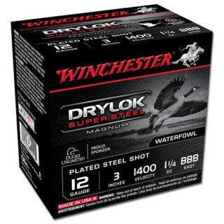 Winchester Drylok Super Steel 12 Gauge Ammunition 25 Round Box 3" BBB Plated Steel Shot 1-1/4 oz 1400 fps
