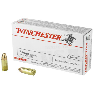 Winchester USA 9mm Luger Ammunition 50 Rounds FMJ 115 Grain 1190 fps