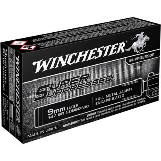 Winchester 9mm Luger Ammunition 50 Rounds Super Suppressed FMJE 147 Grains