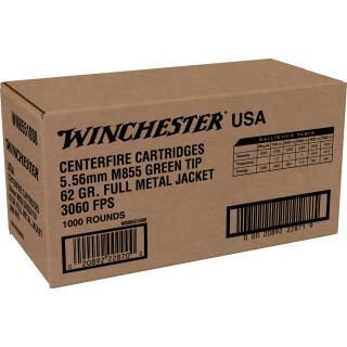 Winchester 5.56 NATO Ammunition 1000 Rounds M855 FMJ 62 Grain 