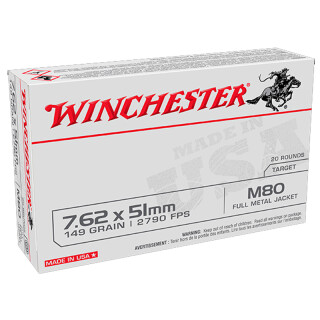 Winchester Lake City 7.62 NATO Ammunition 20 Rounds M80 FMJ 149 Grain