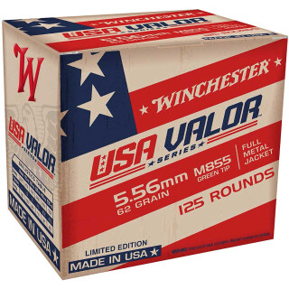 Winchester USA Valor 5.56 NATO M855 Ammunition 62 Grains SS109 FMJ Green Tip 125 Rounds 3060 fps