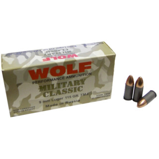 Wolf Military Classic 9mm Luger Ammunition 50 Rounds FMJ 115 Grain Steel Cased