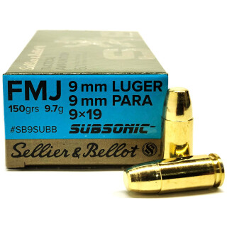 Sellier & Bellot Subsonic 9mm Luger Ammunition 50 Rounds FMJ 150 Grain 