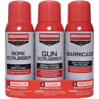 Birchwood Casey 1-2-3 Aerosol Value Pak with Bore Scrubber, Gun Scrubber and Barricade 10 oz Cans 3 Pack