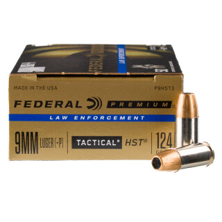 Federal LE Tactical 9mm Luger +P Ammunition 1000 Rounds HST JHP 124 Grain