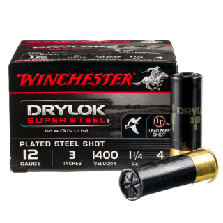 Winchester Drylok Super Steel 12 Gauge Ammunition 25 Round Box 3" #4 Plated Steel Shot 1-1/4 oz 1400 fps