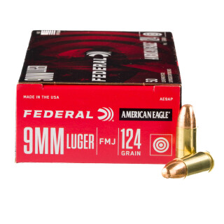 Federal American Eagle 9mm Luger Ammunition 50 Rounds FMJ 124 Grain
