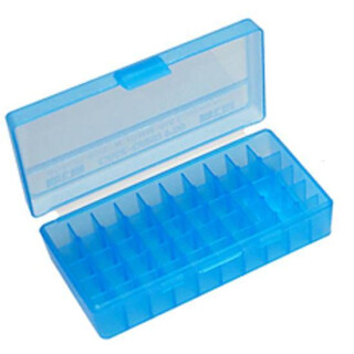 MTM Case-Gard P-50 Original Series Flip Top Handgun Ammo Box 9mm Luger/9mm Makarov/.380 ACP/.30 Luger Holds 50 Rounds Clear Blue P50-9M-24