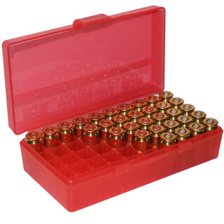MTM Case-Gard P-50 Original Series Flip Top Handgun Ammo Box 9mm Luger/9mm Makarov/.380 ACP/.30 Luger Holds 50 Rounds Clear Red P50-9M-29a