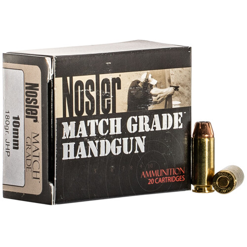 Nosler Match Grade Handgun 10mm Auto Ammunition 20 Rounds 180 Grain Sporting Handgun JHP 1250 fps