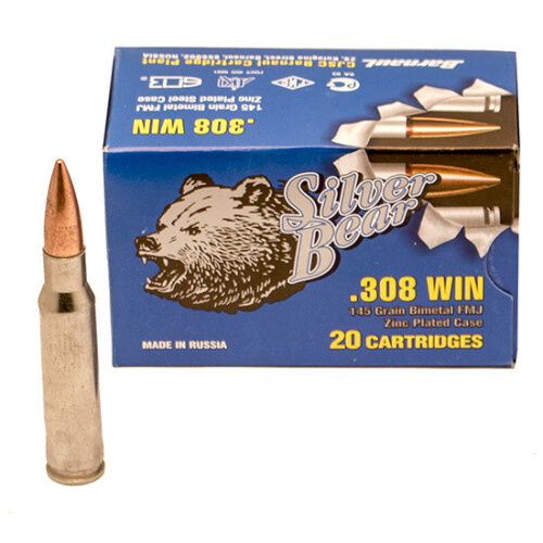 Ammo .308 Winchester Silver Bear 145 Grain Full Metal Jacket 2749 fps 500 Rounds 308FMJN