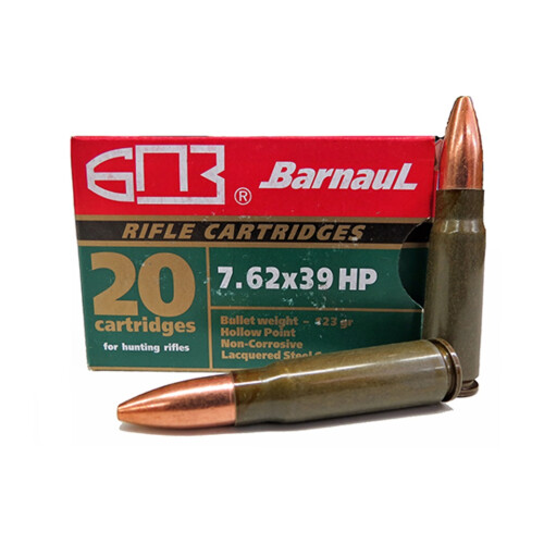 Barnaul Rifle Cartridges 7.62x39 Soviet Ammunition 20 Rounds 123 Grain Hollow Point Lacquered Steel Cased Cartridges