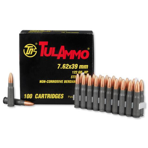 TulAmmo 7.62x39mm Ammunition, 100 Rounds, Steel Case HP, 122 Grains