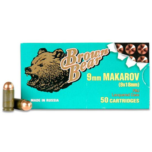 Ammo 9x18 Makarov Brown Bear FMJ 95 Grain 1000 FPS 1000 Round Case