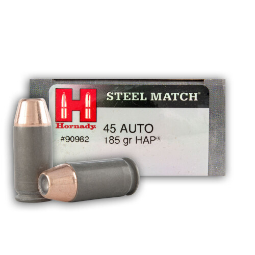 Hornady Steel Performance Specifications:- Caliber: 45 ACP- Grain: 185- Bullet Type: HAP(Steel match)- Sold per 50 Rounds