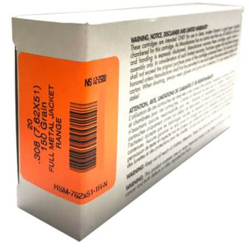 HSM 762X511N Training 7.62x51mm NATO 150 gr Full Metal Jacket Boat-Tail (FMJBT) 20 Bx/ 25 Cs