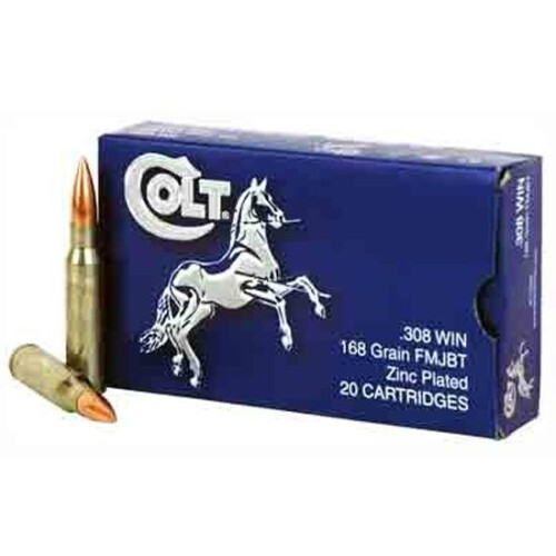 Ammo .308 Winchester Colt Ammo 168 Grain Full Metal Jacket Zinc Plated Steel 2650 fps 20 Rounds AC308A