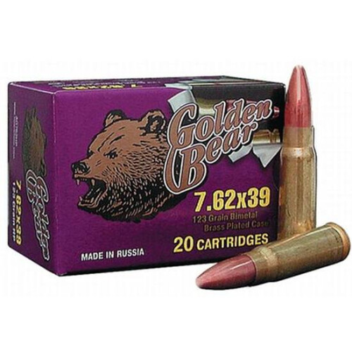 Ammo 7.62x39 Golden Bear 123 Grain Full Metal Jacket 2401 fps 500 Rounds AG762FMJ