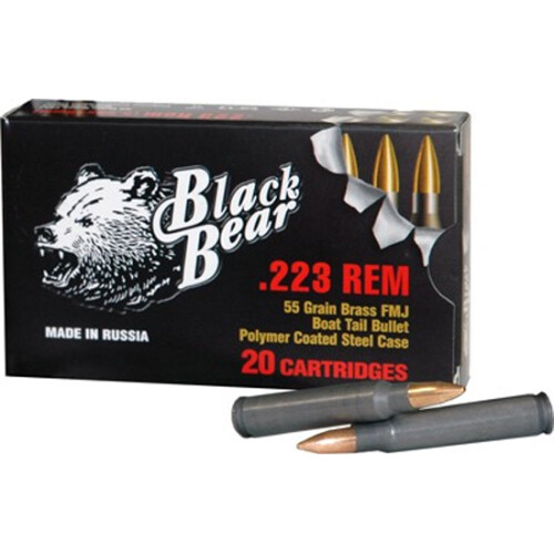 Black Bear .223 Rem Ammunition 20 Rounds 55 Grain Brass Jacket FMJ Steel Cased 3129fps