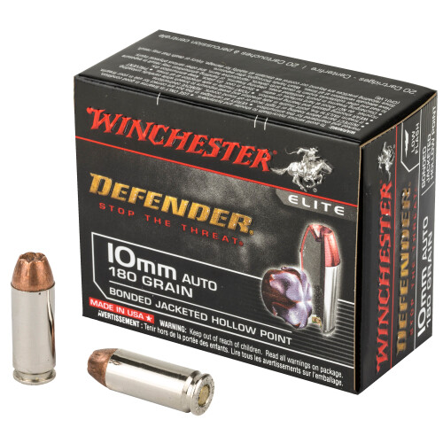 Winchester S10MMPDB Defender 10mmAuto 180gr Bonded Jacket Hollow Point 20 Per Box/10 Case Centerfire, Handgun Ammunition