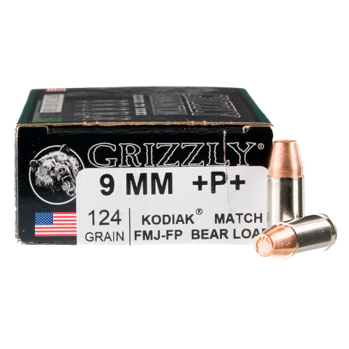 Grizzly Bear Load 9mm Luger +P+ Ammunition 50 Rounds FMJ-FP 124 Grain