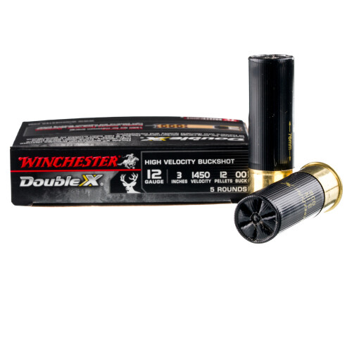 Winchester SB12300 Double X High Velocity 12Gauge 3 in 12Pellets 00Buck Shot 5 Per Box/50 Case, Shotgun Shells