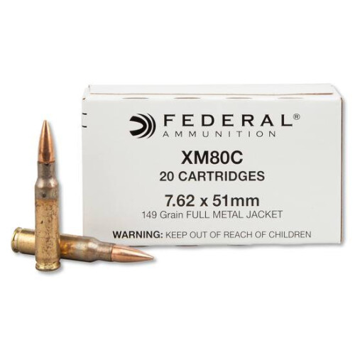 Federal XM Ammunition XM80C, 7.62 x 51mm, Full Metal Jacket, 149 GR, 20 Rd/bx