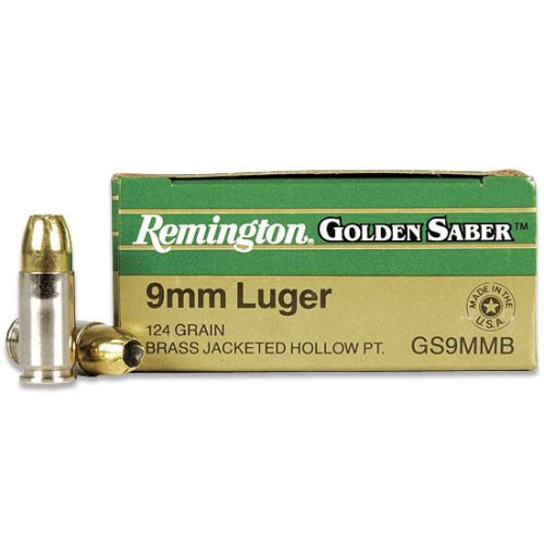 Remington Golden Saber 9mm Luger Brass Jacketed Hollow Point, 124 Grain, 1125 fps, 25 Round Box