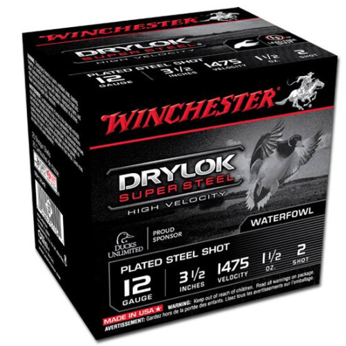 Winchester SSH12LH2 Drylok Super Steel High Velocity 12Gauge 3.50 in 1 1/2oz 2Shot 25 Per Box/10 Case, Shotgun Shells