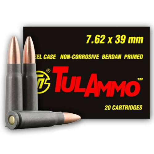 TulAmmo 7.62x39mm Ammunition 20 Round 124 Grain Hollow Point Polymer Coated Steel Case 124 Grain 2330 fps
