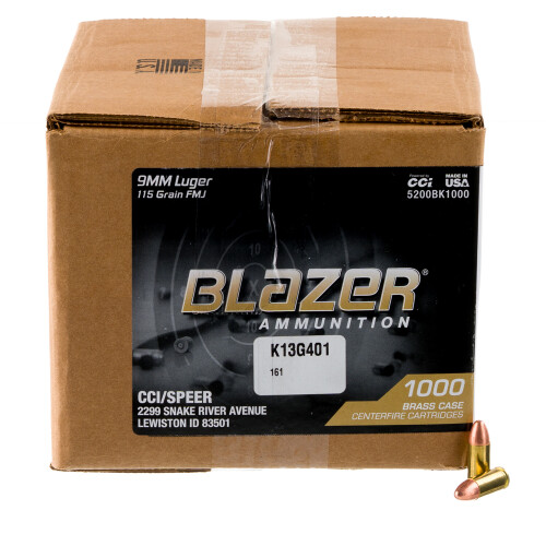 CCI 5200BK1000 Blazer Brass 9mmLuger 115gr Full Metal Jacket 1000 Per Box/1 Case *Loose Centerfire, Handgun Ammunition