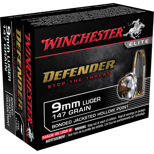 Winchester Defender 9mm Luger Ammo 147 Grain Bonded Jacketed Hollow Point Case of 200 (10 Boxes of 20)