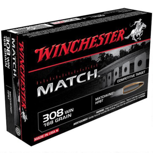Winchester S308M Match 308Win 168gr Sierra MatchKing BTHP 20 Per Box/10 Case Centerfire, Rifle Ammunition