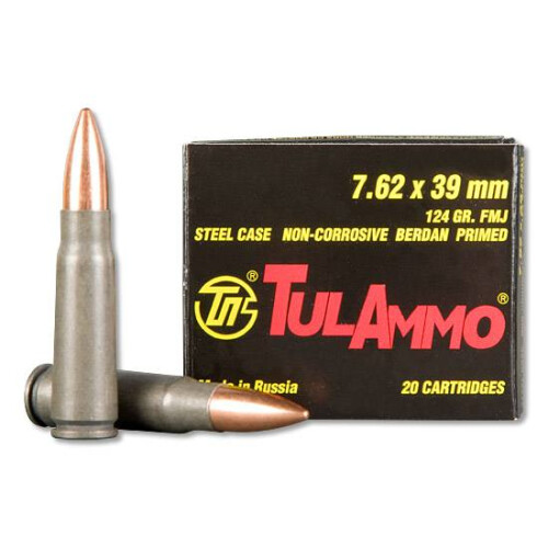 TulAmmo 7.62x39mm Full Metal Jacket Polymer Coated Steel Case , 124 Grain, 2330 fps, 20 Round Box, ULO76200