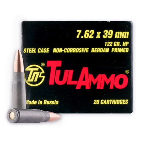 Tula Ammo UL076202 Centerfire Rifle 7.62x39mm 122 gr Hollow Point (HP) 20 Bx/ 50 Cs 1000/CS